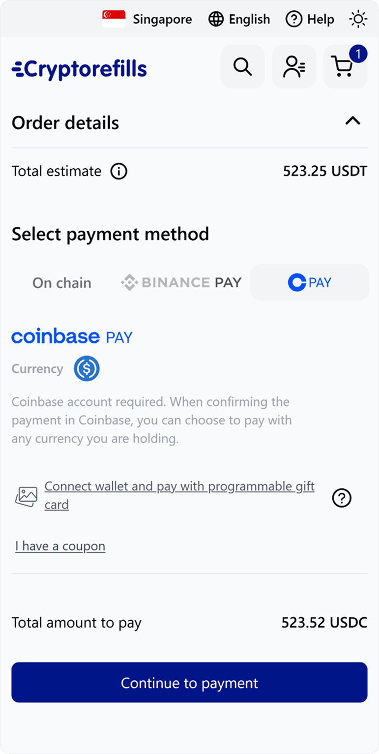 cryptorefills coinbase pay selection.png